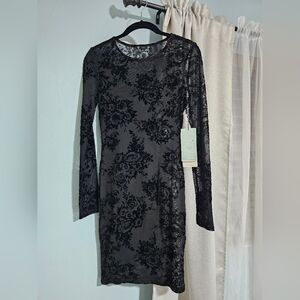 IRIS | NWT | Black Sheer Floral Velvet Burnout Long Sleeve Dress